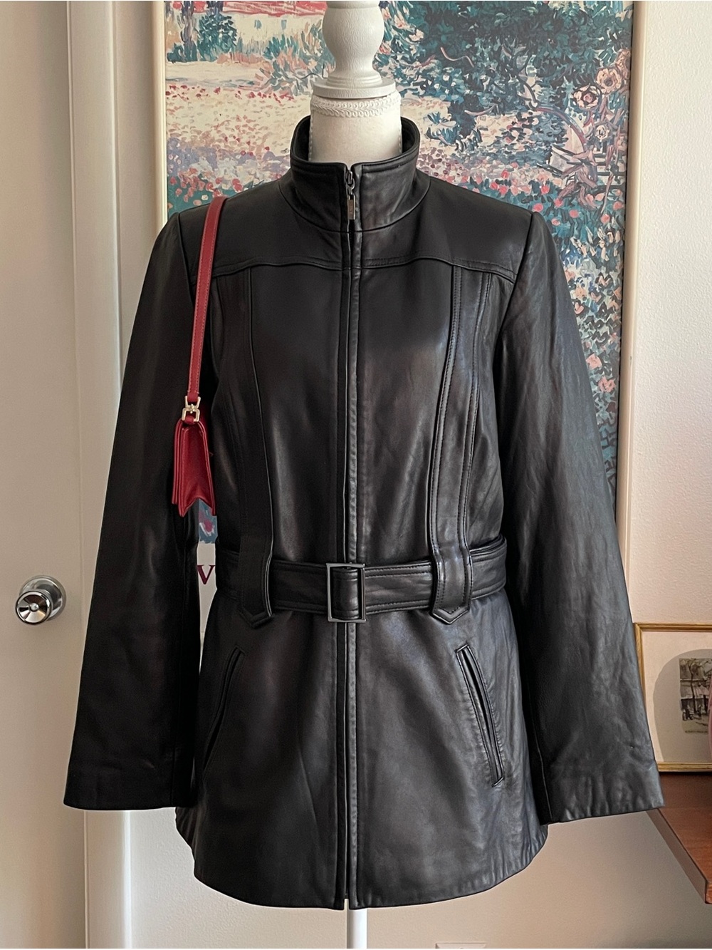 Vintage Genuine Leather Jacket Womens Medium Black Belted Moto Biker Mock Neck